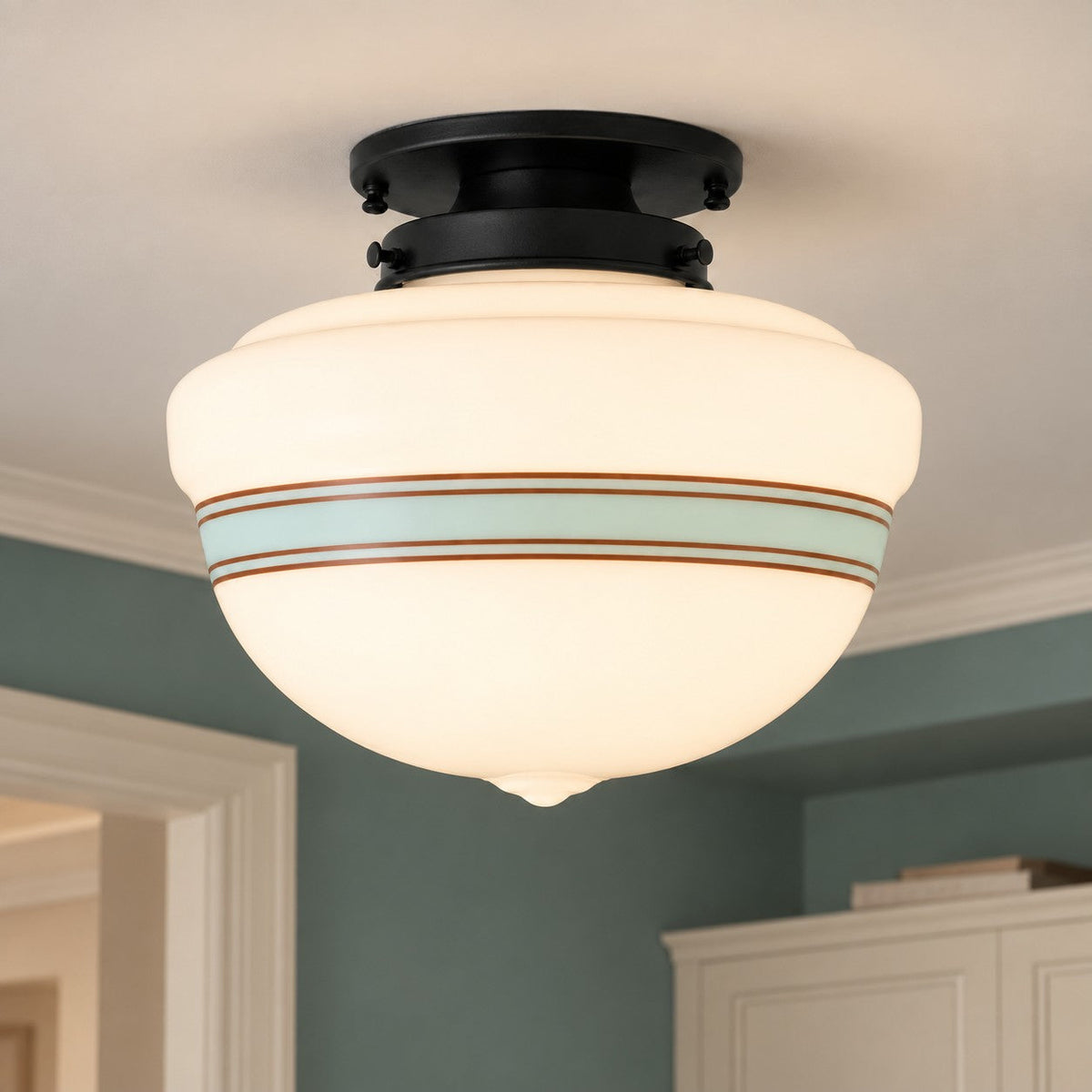 Lampa Sufitowa Retro z Kloszem ze Szkła Mlecznego w Stylu Art Deco