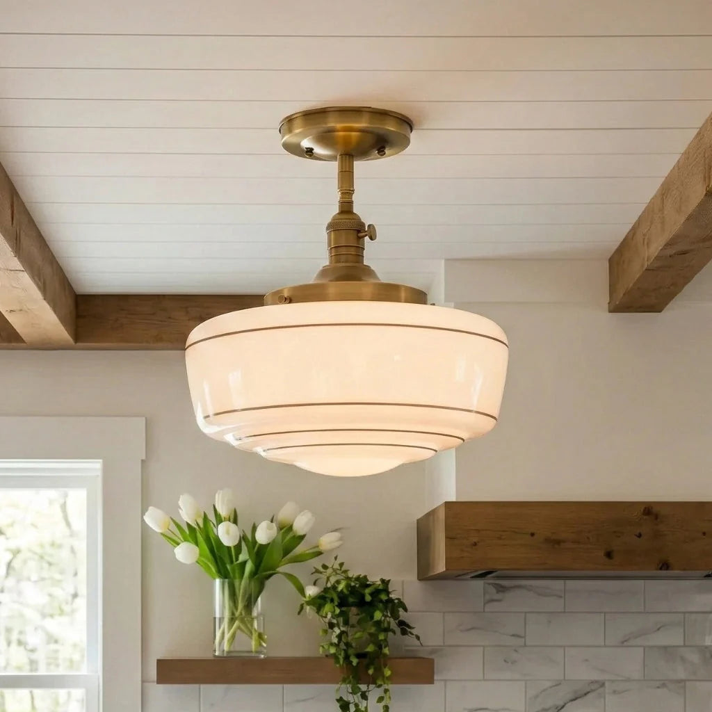 Lampa Sufitowa Retro z Mlecznym Kloszem w Paski na Złotym Stelażu - 11