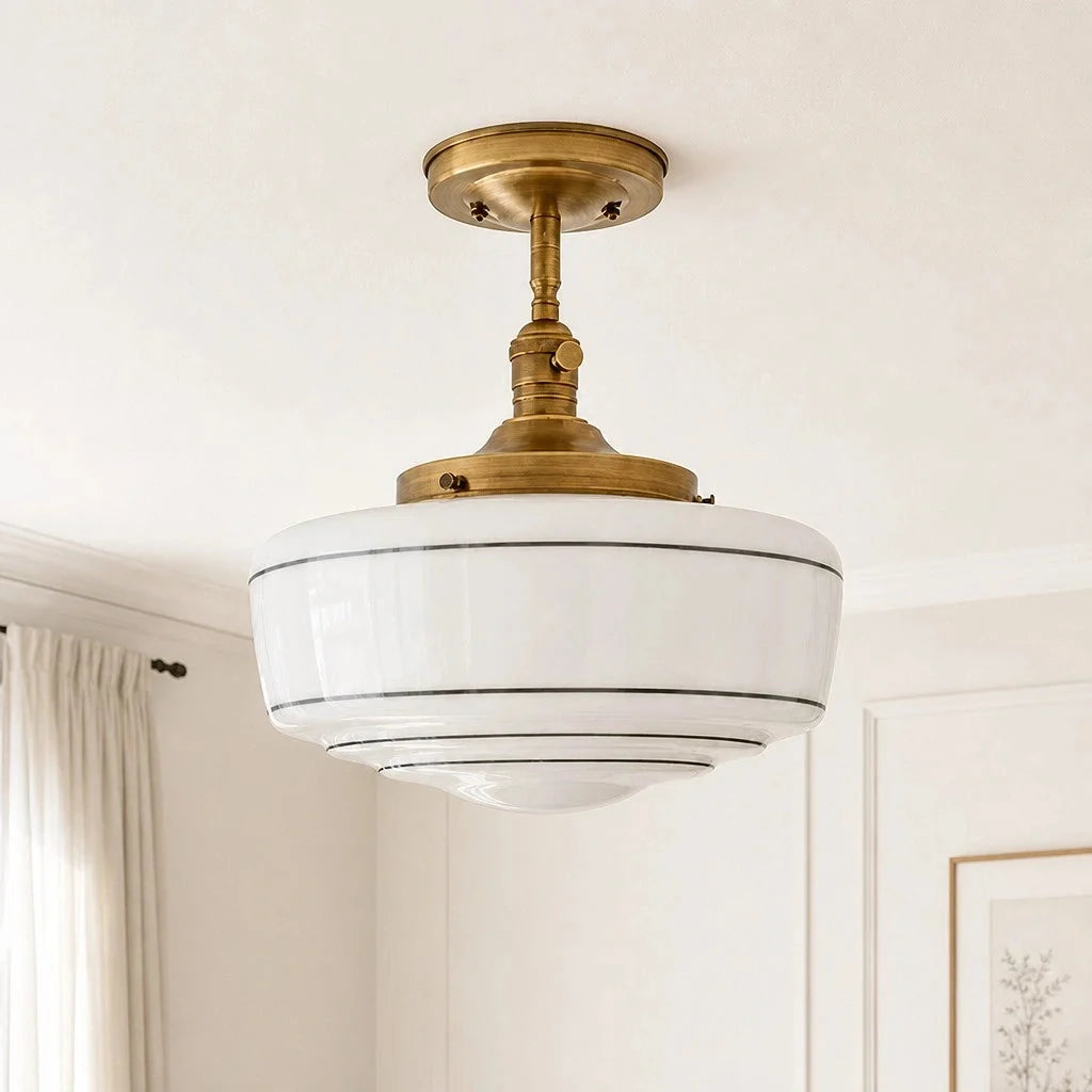 Lampa Sufitowa Retro z Mlecznym Kloszem w Paski na Złotym Stelażu - 12