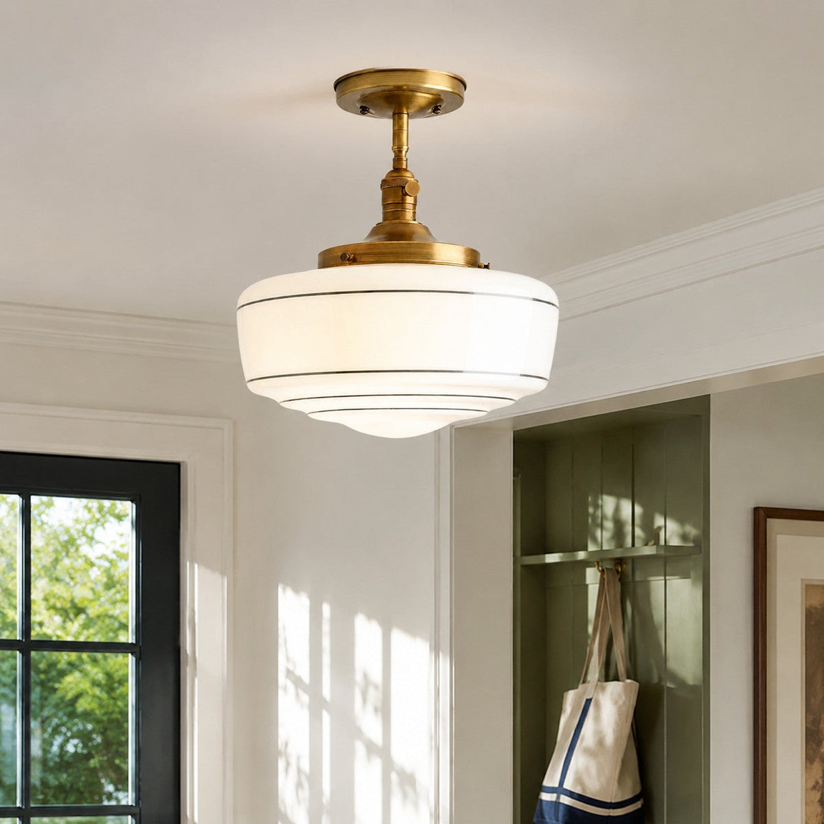Lampa Sufitowa Retro z Mlecznym Kloszem w Paski na Złotym Stelażu - 5