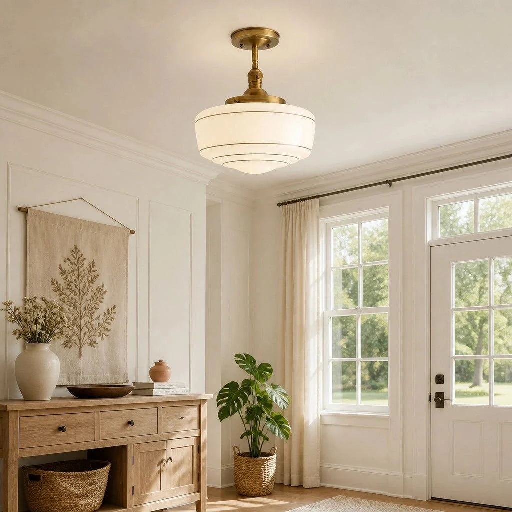 Lampa Sufitowa Retro z Mlecznym Kloszem w Paski na Złotym Stelażu - 6