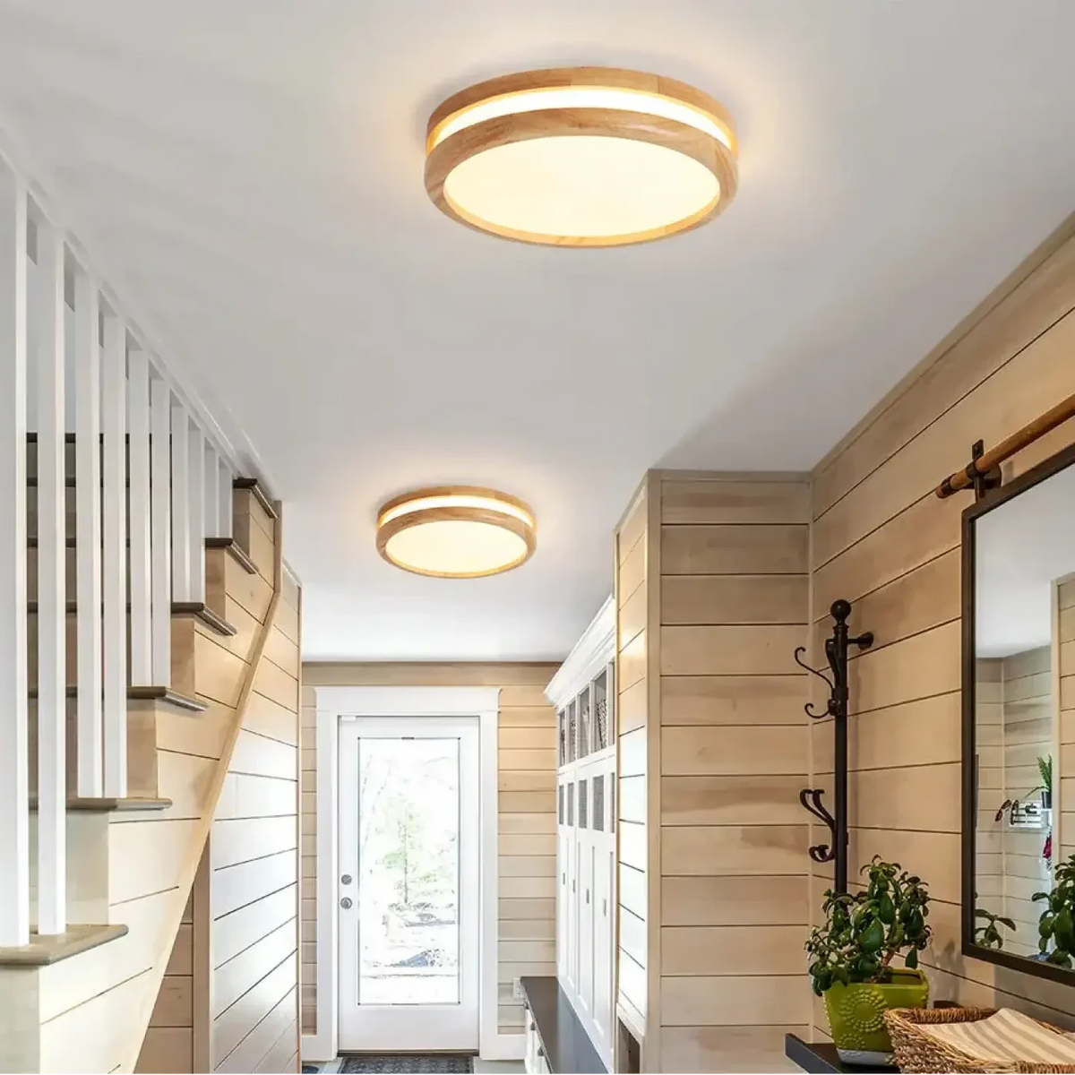 Lampa Sufitowa Skandynawska Okrągła z Drewnianą Ramą - 3