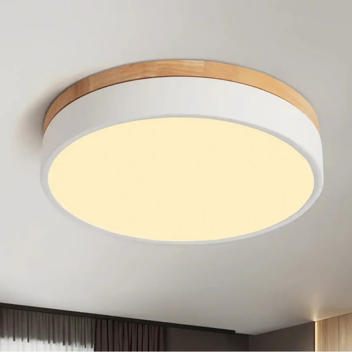 Lampa Sufitowa Skandynawska Okrągła z Drewnianą Ramą - Biały
