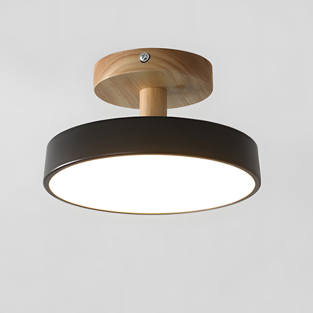 Lampa Sufitowa Skandynawska z Drewnianą Podstawą i Okrągłym Kloszem - Czarny