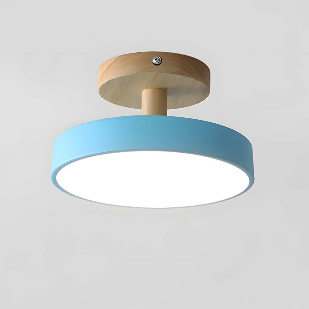 Lampa Sufitowa Skandynawska z Drewnianą Podstawą i Okrągłym Kloszem - Niebieski