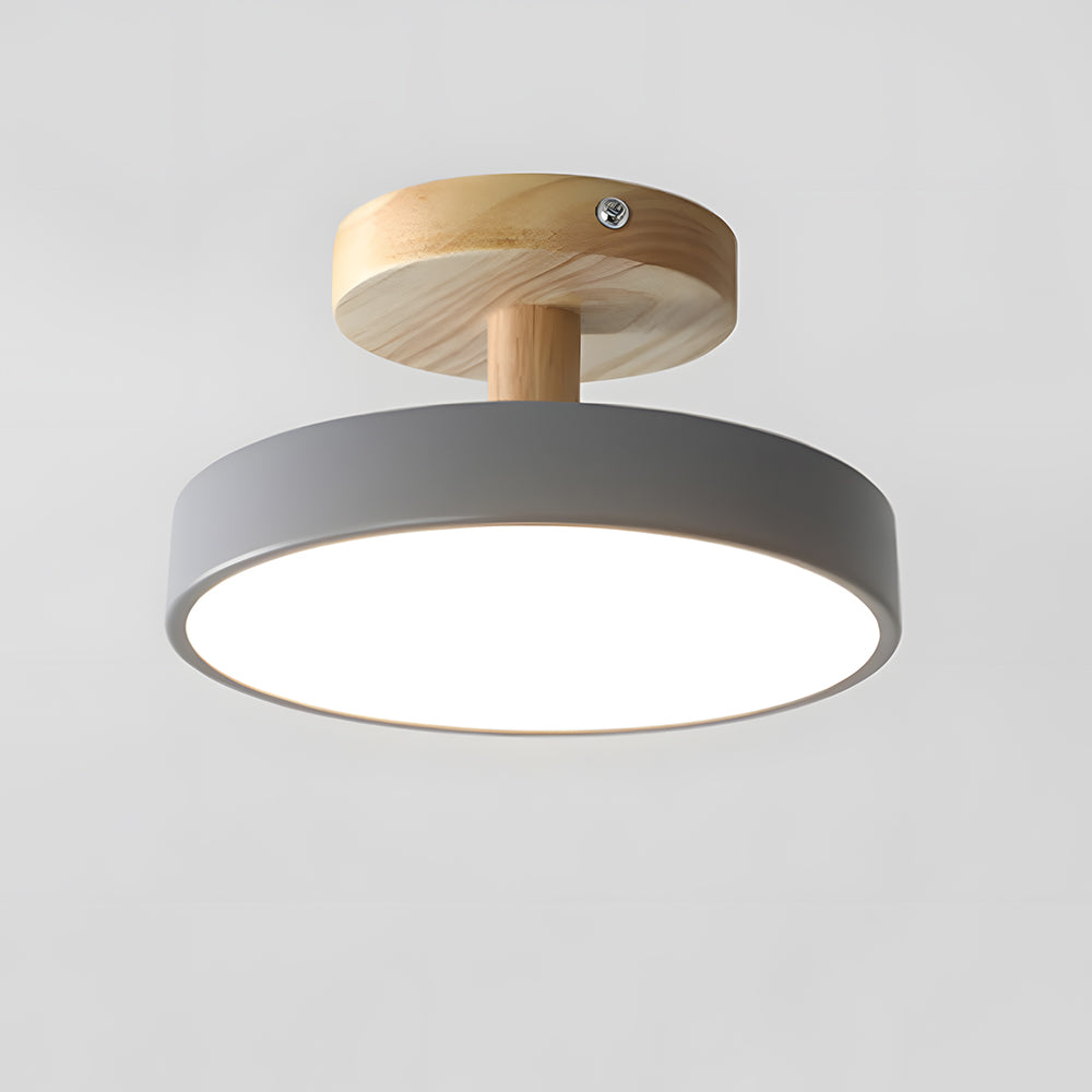 Lampa Sufitowa Skandynawska z Drewnianą Podstawą i Okrągłym Kloszem - Szary