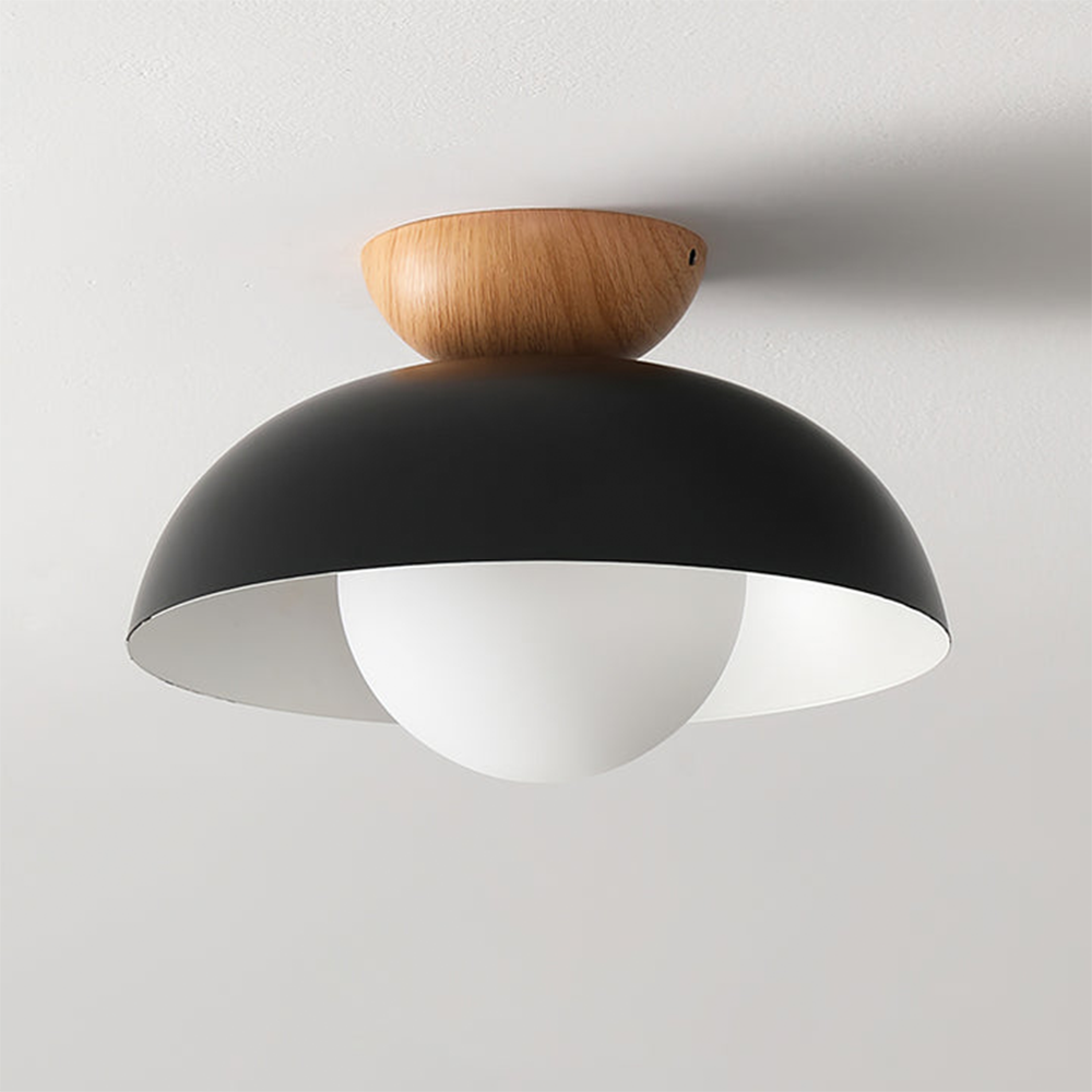Lampa Sufitowa Skandynawska z Drewnianym Elementem i Kloszem Kulistym - Czarny