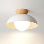 Lampa Sufitowa Skandynawska z Drewnianym Elementem i Kloszem Kulistym - Biały