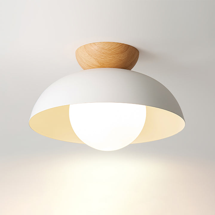 Lampa Sufitowa Skandynawska z Drewnianym Elementem i Kloszem Kulistym - Biały