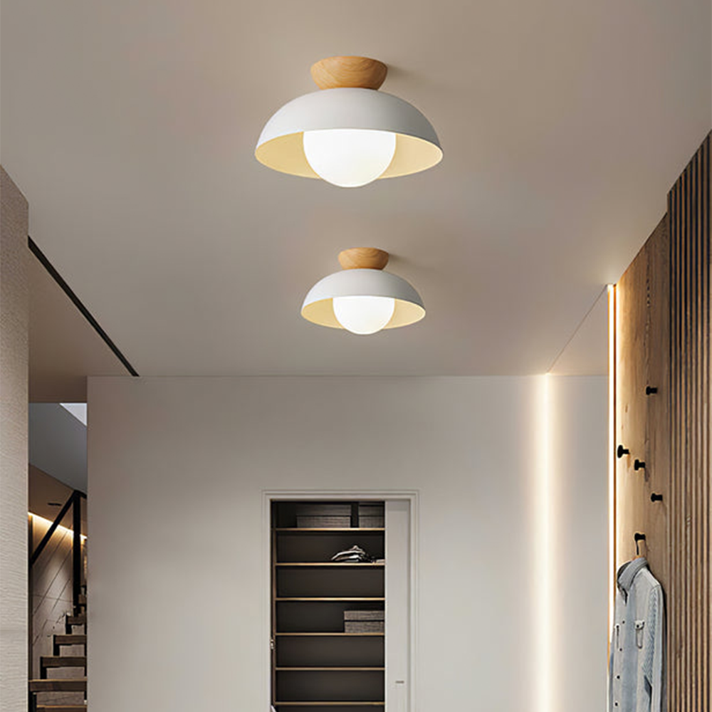 Lampa Sufitowa Skandynawska z Drewnianym Elementem i Kloszem Kulistym - 4