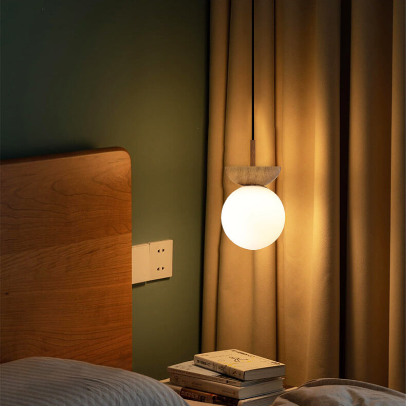 Lampa Sufitowa Skandynawska z Mleczną Kulą i Drewnianym Detalem - 15
