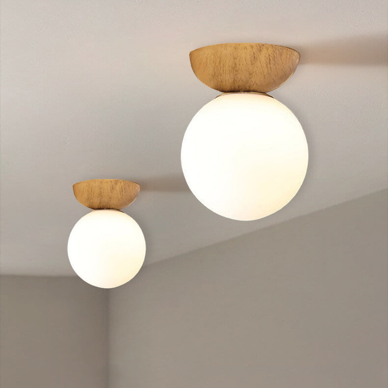 Lampa Sufitowa Skandynawska z Mleczną Kulą i Drewnianym Detalem - 5