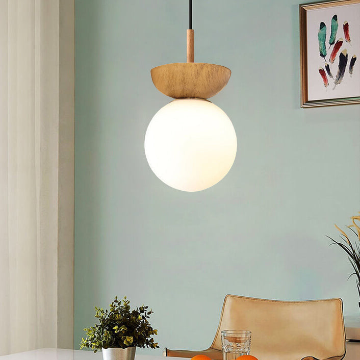Lampa Sufitowa Skandynawska z Mleczną Kulą i Drewnianym Detalem - 6