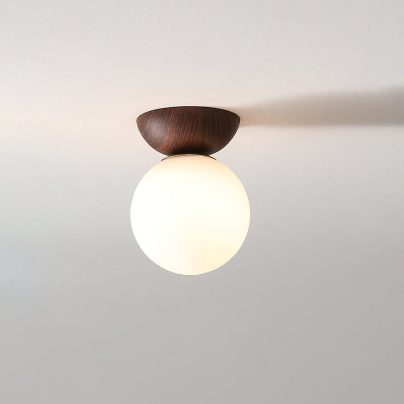 Lampa Sufitowa Skandynawska z Mleczną Kulą i Drewnianym Detalem - 7