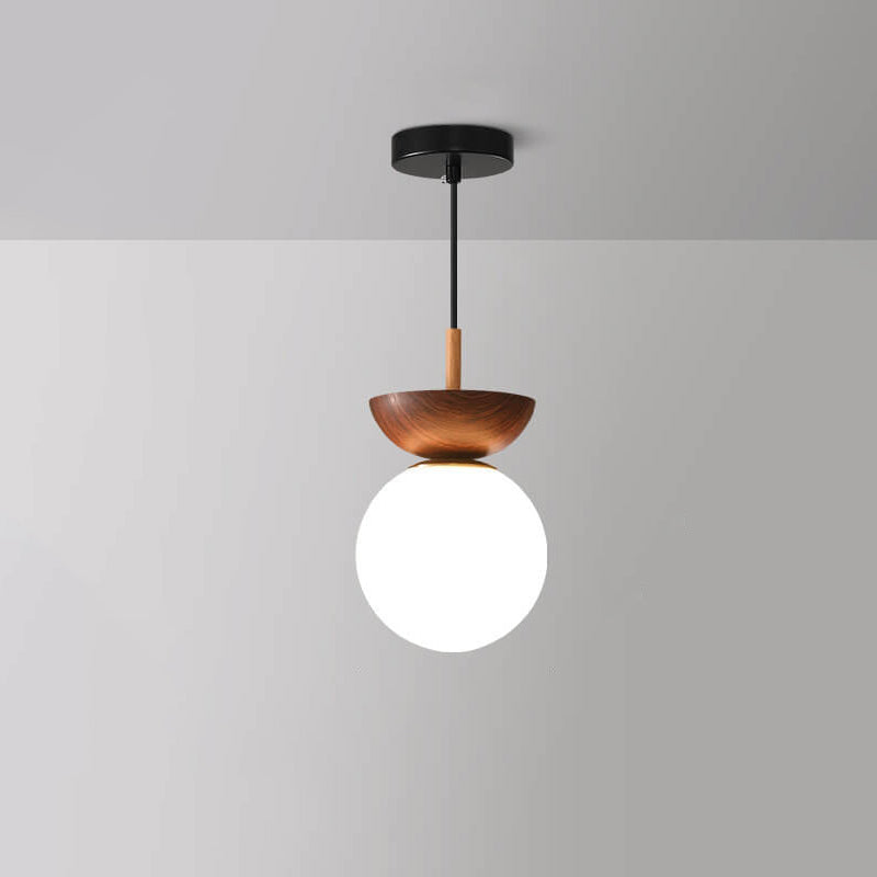 Lampa Sufitowa Skandynawska z Mleczną Kulą i Drewnianym Detalem - 8