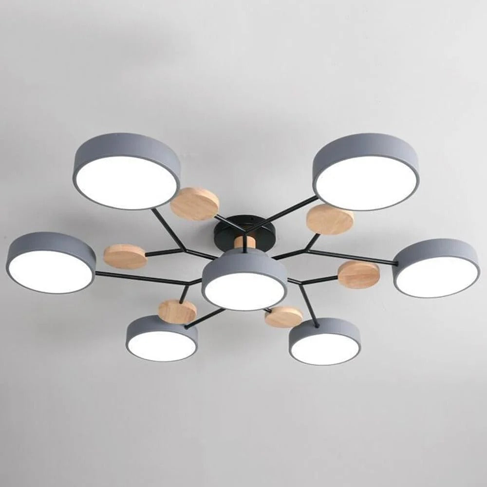 Lampa Sufitowa Skandynawska z Okrągłymi Kloszami i Drewnianymi Detalami - 11