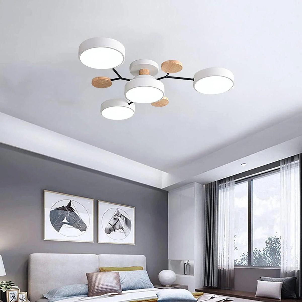 Lampa Sufitowa Skandynawska z Okrągłymi Kloszami i Drewnianymi Detalami - 13