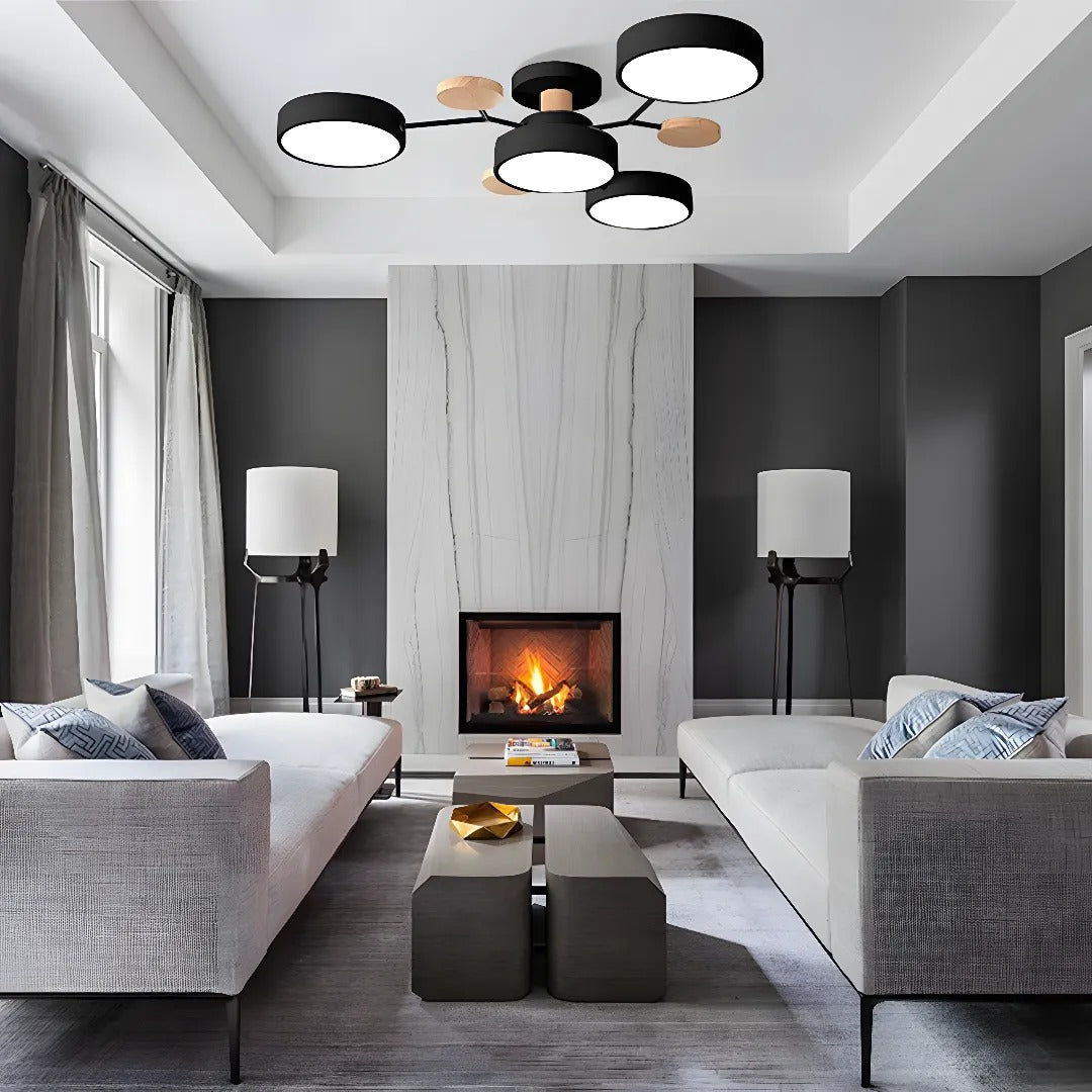 Lampa Sufitowa Skandynawska z Okrągłymi Kloszami i Drewnianymi Detalami - 15