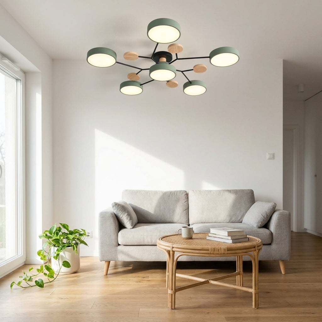 Lampa Sufitowa Skandynawska z Okrągłymi Kloszami i Drewnianymi Detalami - 17