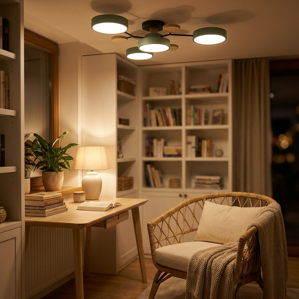 Lampa Sufitowa Skandynawska z Okrągłymi Kloszami i Drewnianymi Detalami - 21
