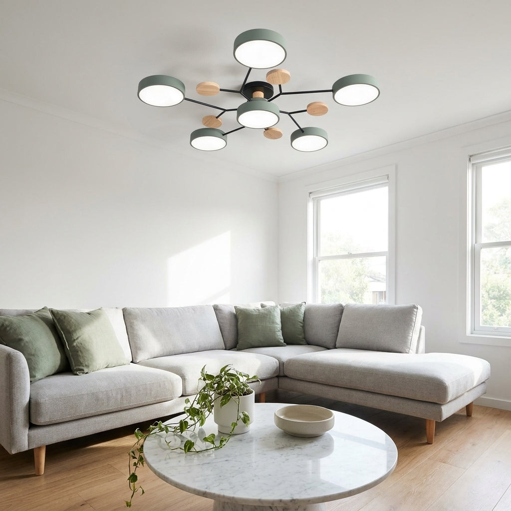 Lampa Sufitowa Skandynawska z Okrągłymi Kloszami i Drewnianymi Detalami - 22