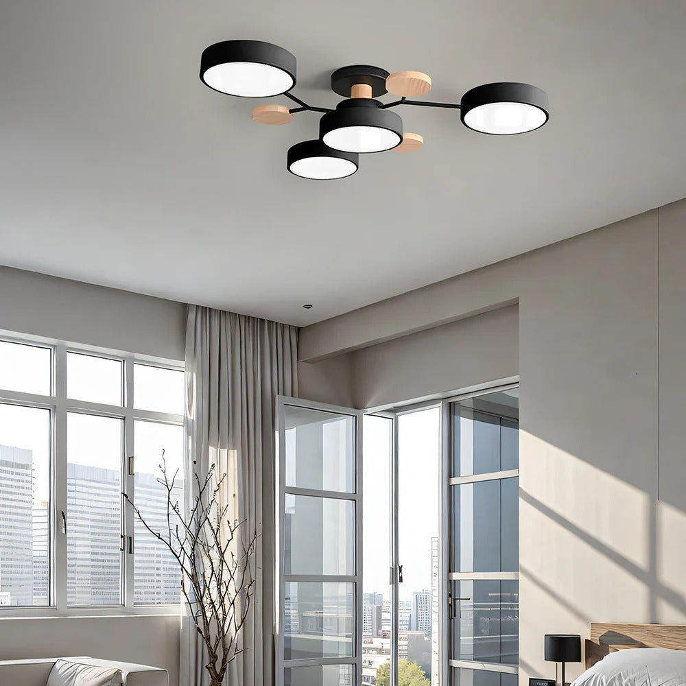Lampa Sufitowa Skandynawska z Okrągłymi Kloszami i Drewnianymi Detalami - 17