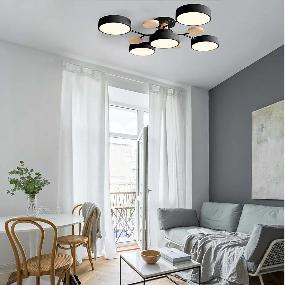 Lampa Sufitowa Skandynawska z Okrągłymi Kloszami i Drewnianymi Detalami - 18