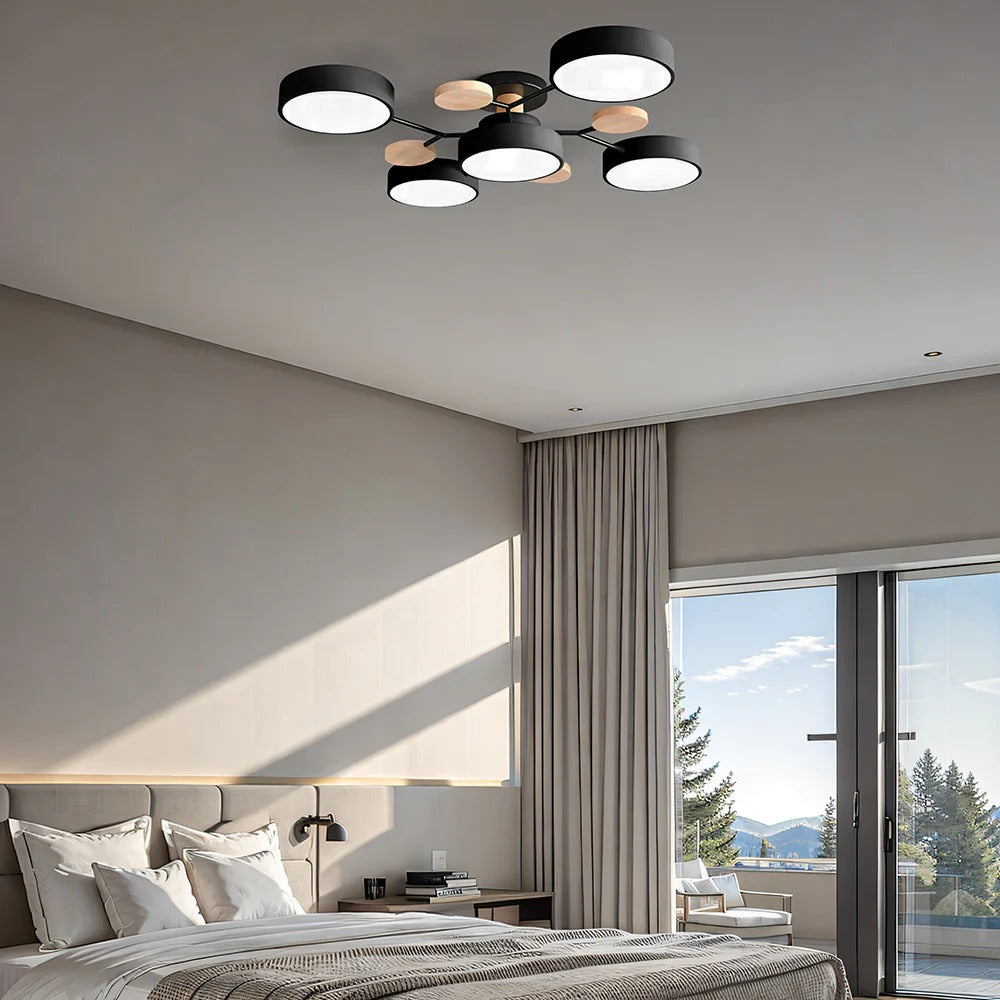 Lampa Sufitowa Skandynawska z Okrągłymi Kloszami i Drewnianymi Detalami - 19