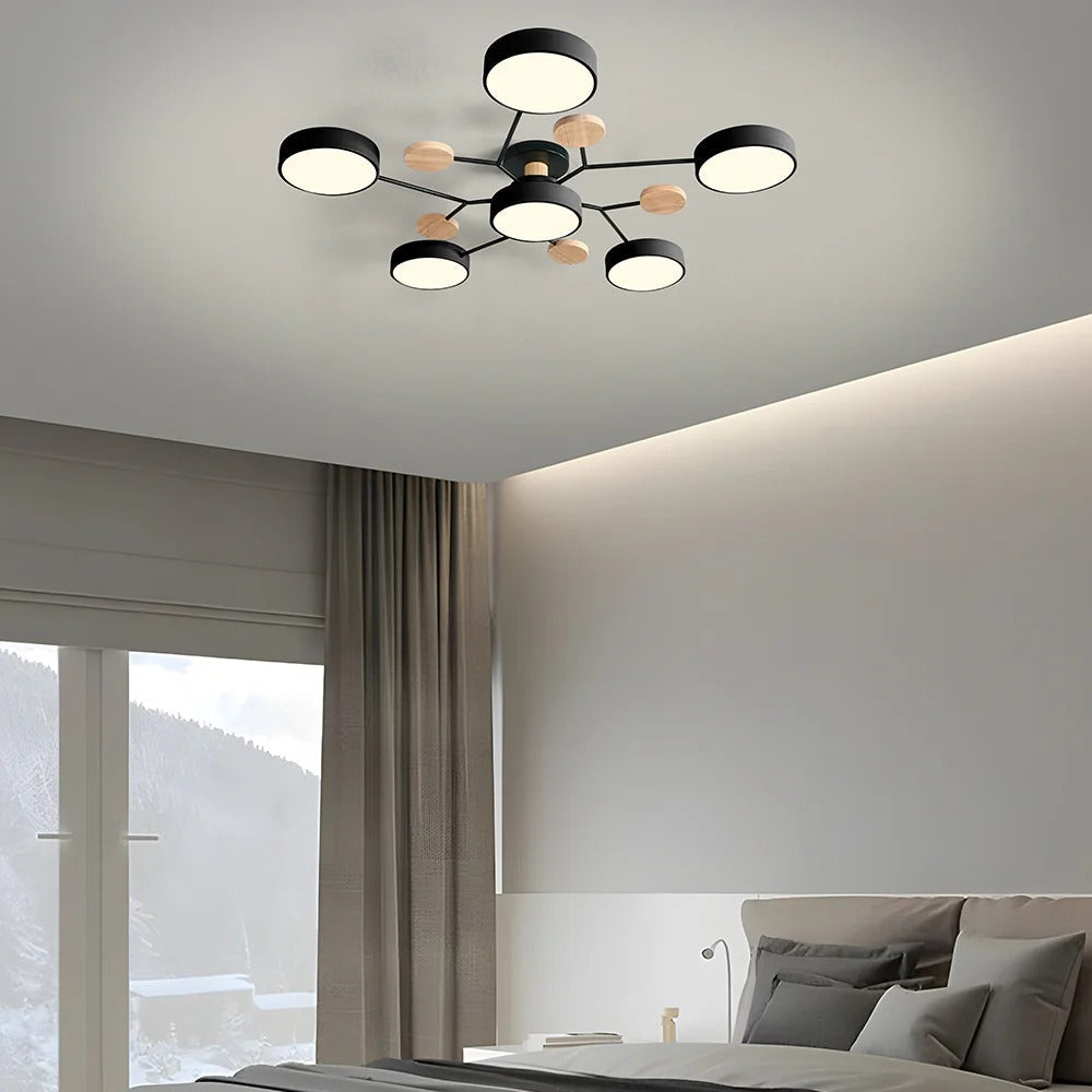 Lampa Sufitowa Skandynawska z Okrągłymi Kloszami i Drewnianymi Detalami - 21