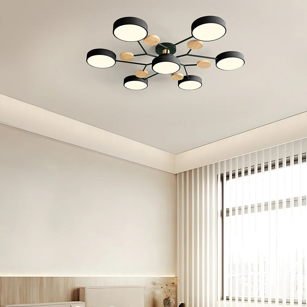 Lampa Sufitowa Skandynawska z Okrągłymi Kloszami i Drewnianymi Detalami - 22
