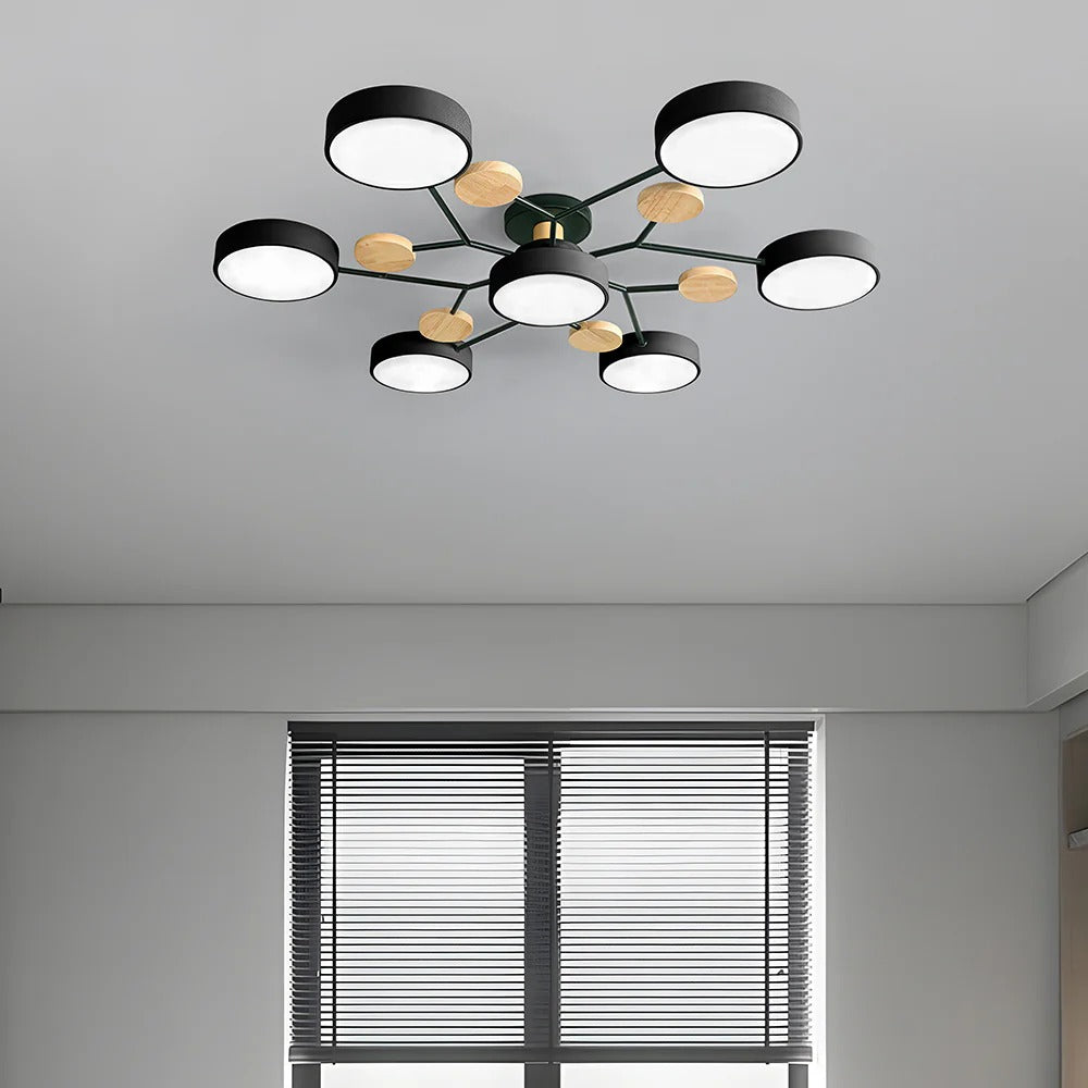 Lampa Sufitowa Skandynawska z Okrągłymi Kloszami i Drewnianymi Detalami - 23