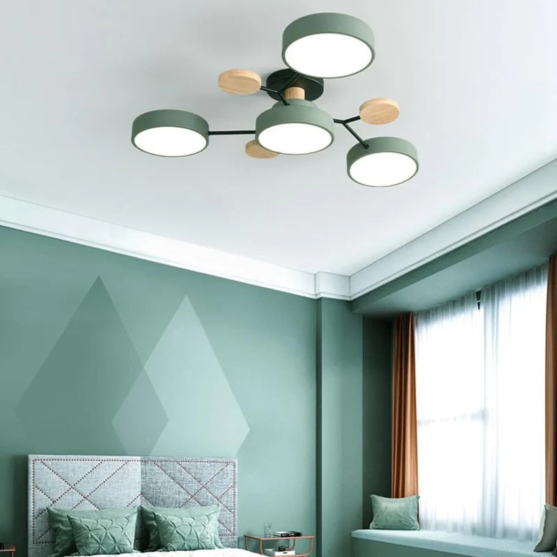 Lampa Sufitowa Skandynawska z Okrągłymi Kloszami i Drewnianymi Detalami - Zielony