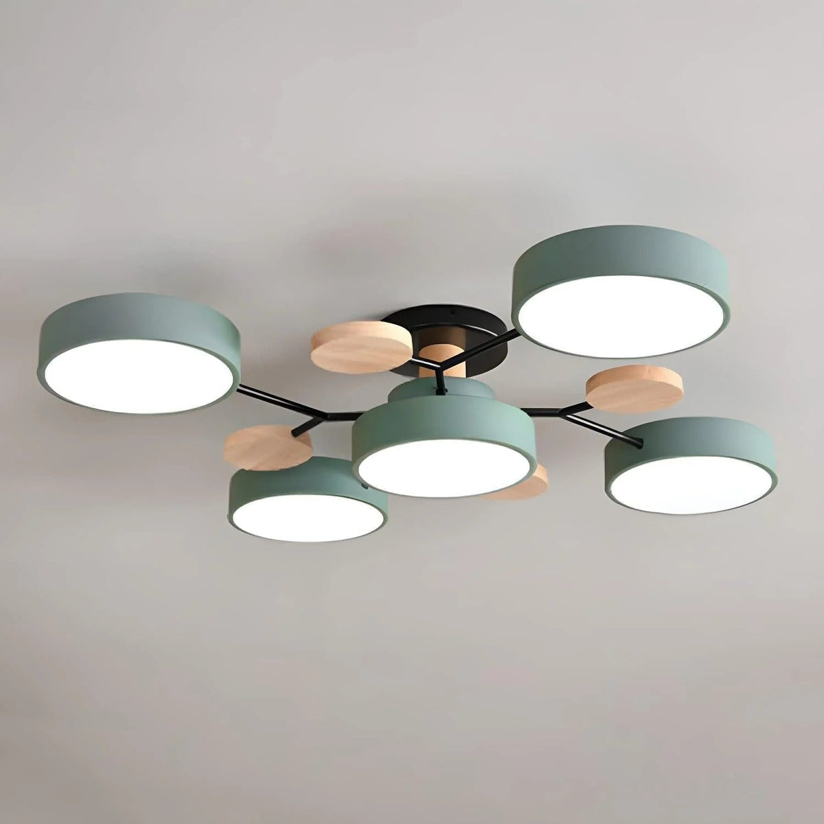 Lampa Sufitowa Skandynawska z Okrągłymi Kloszami i Drewnianymi Detalami - Zielony