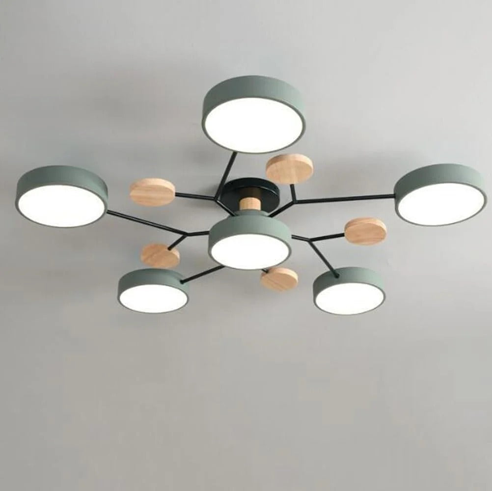 Lampa Sufitowa Skandynawska z Okrągłymi Kloszami i Drewnianymi Detalami - Zielony