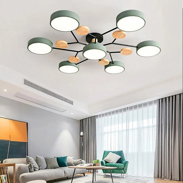 Lampa Sufitowa Skandynawska z Okrągłymi Kloszami i Drewnianymi Detalami - 2