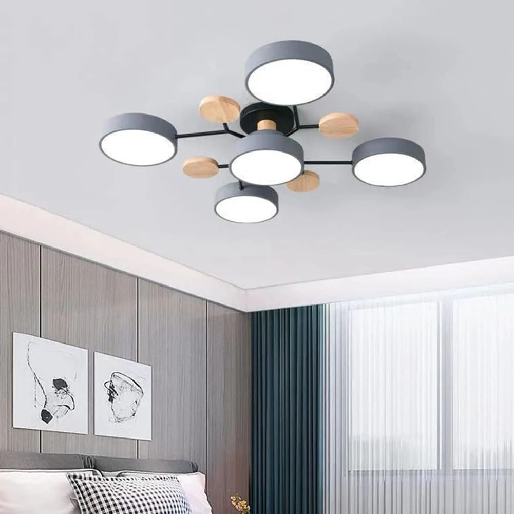 Lampa Sufitowa Skandynawska z Okrągłymi Kloszami i Drewnianymi Detalami - Szary