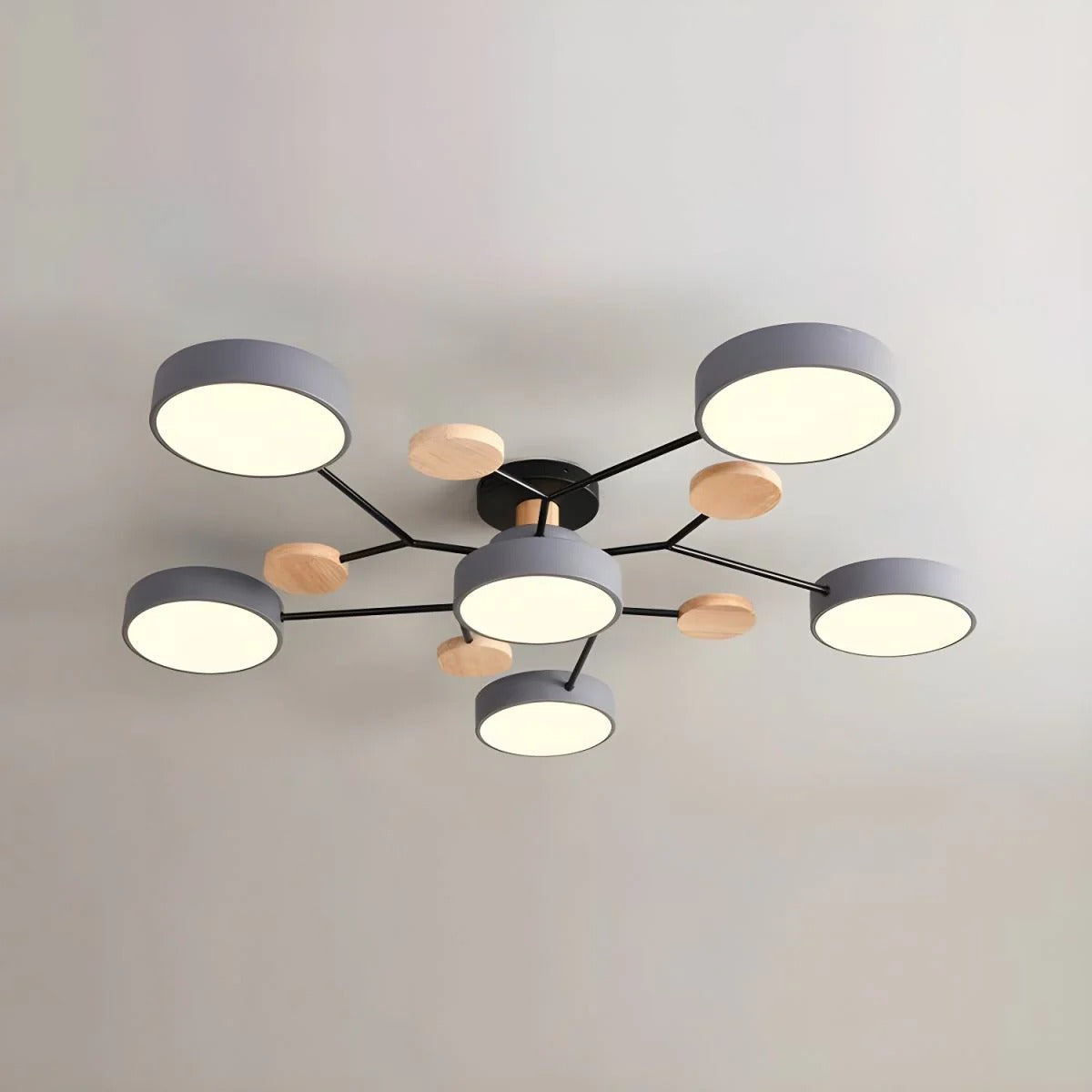 Lampa Sufitowa Skandynawska z Okrągłymi Kloszami i Drewnianymi Detalami - Szary
