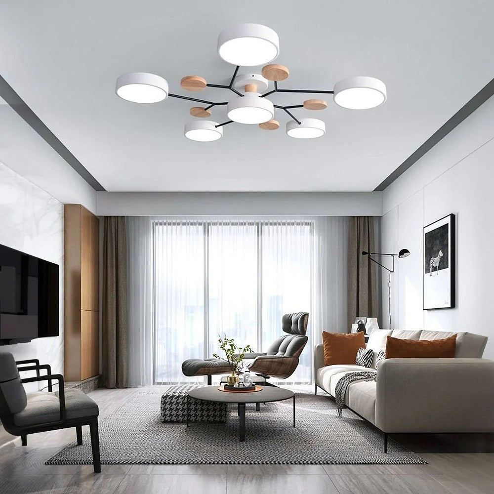Lampa Sufitowa Skandynawska z Okrągłymi Kloszami i Drewnianymi Detalami - Biały