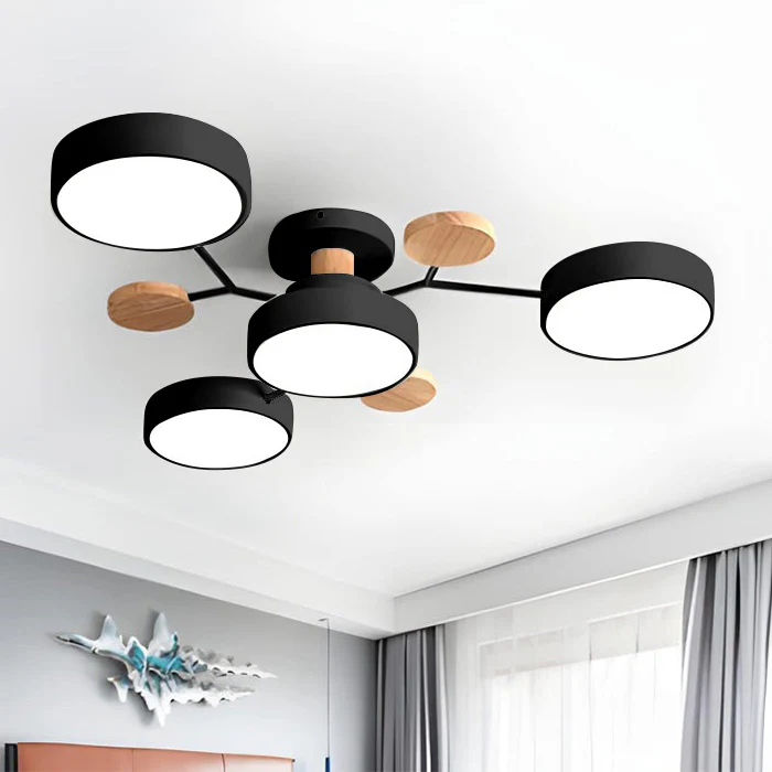 Lampa Sufitowa Skandynawska z Okrągłymi Kloszami i Drewnianymi Detalami - Czarny
