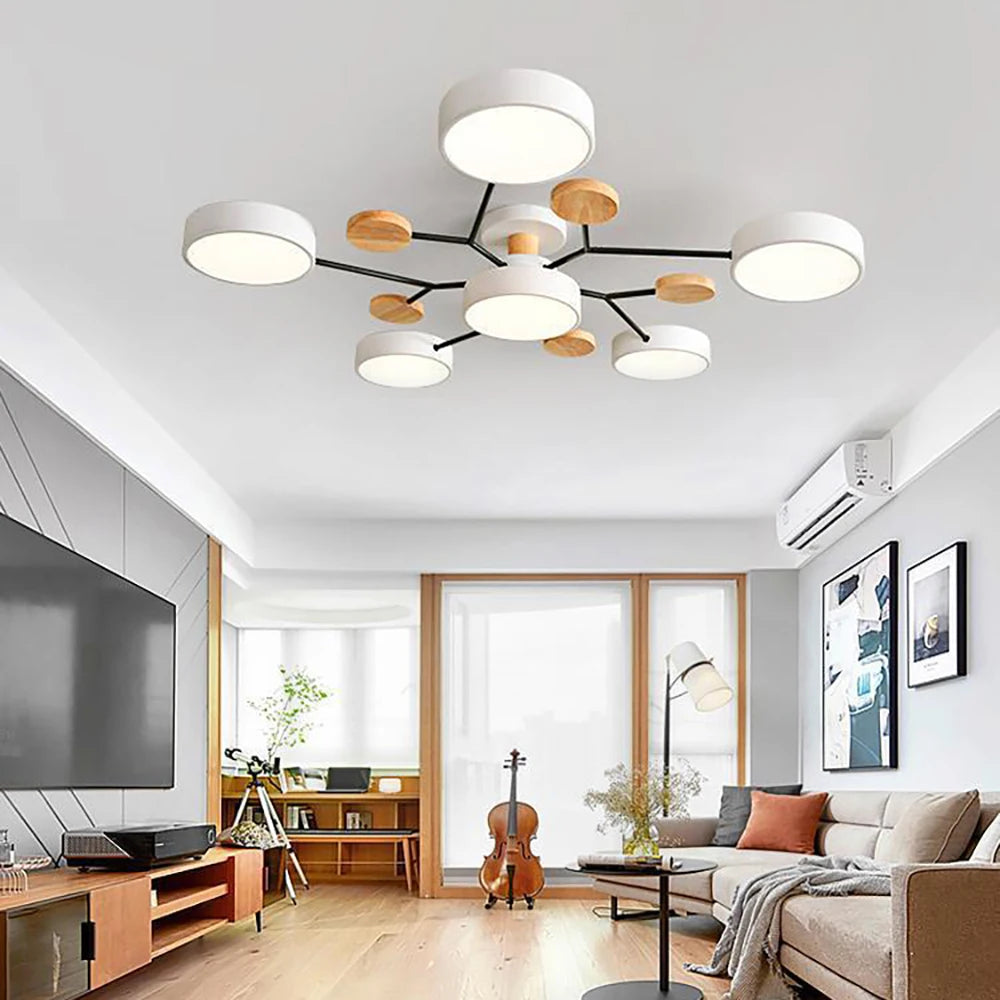 Lampa Sufitowa Skandynawska z Okrągłymi Kloszami i Drewnianymi Detalami - 3