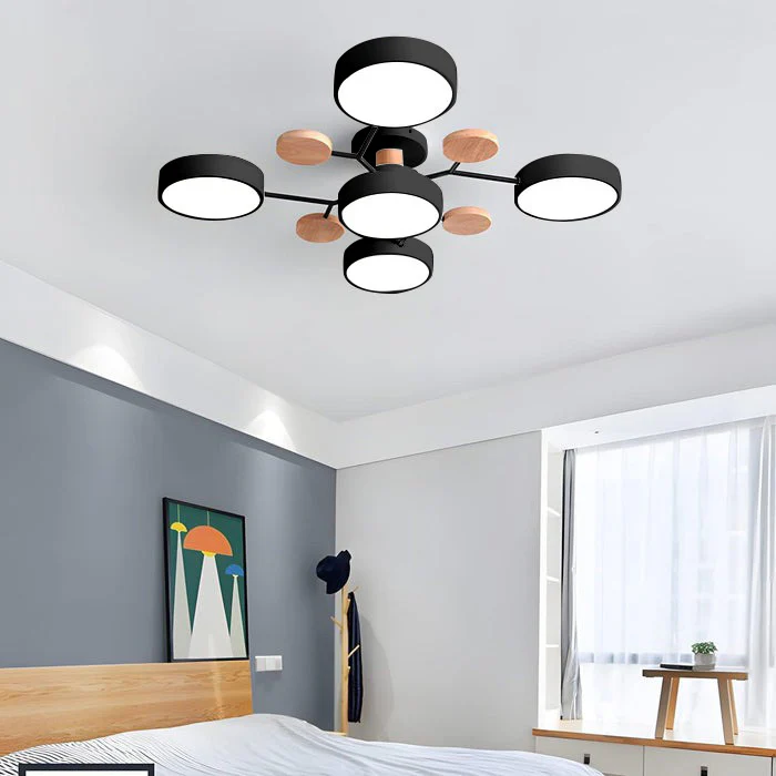 Lampa Sufitowa Skandynawska z Okrągłymi Kloszami i Drewnianymi Detalami - Czarny
