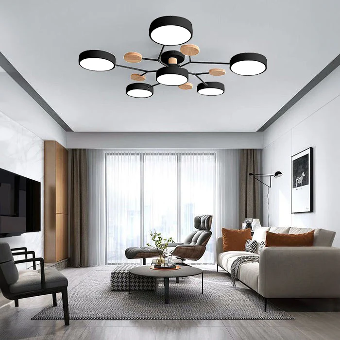 Lampa Sufitowa Skandynawska z Okrągłymi Kloszami i Drewnianymi Detalami - Czarny