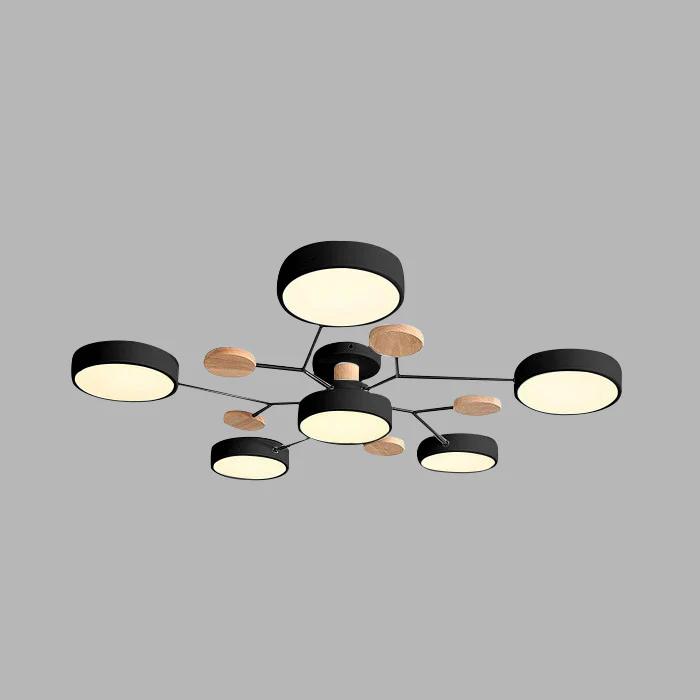 Lampa Sufitowa Skandynawska z Okrągłymi Kloszami i Drewnianymi Detalami - Czarny