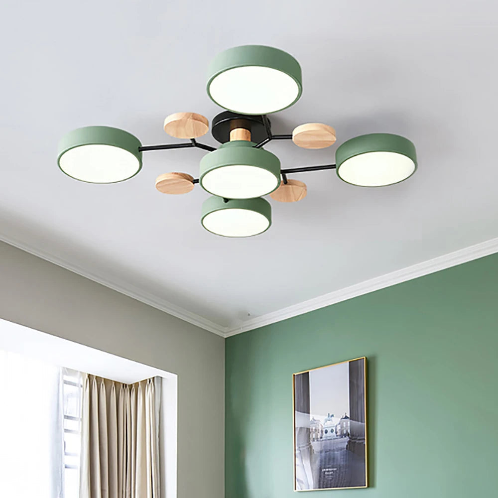 Lampa Sufitowa Skandynawska z Okrągłymi Kloszami i Drewnianymi Detalami - Zielony