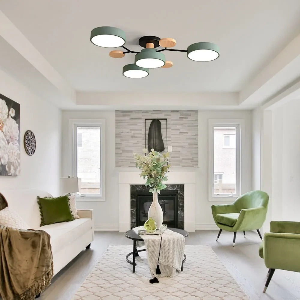 Lampa Sufitowa Skandynawska z Okrągłymi Kloszami i Drewnianymi Detalami - 4
