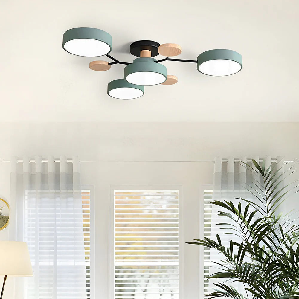 Lampa Sufitowa Skandynawska z Okrągłymi Kloszami i Drewnianymi Detalami - 5