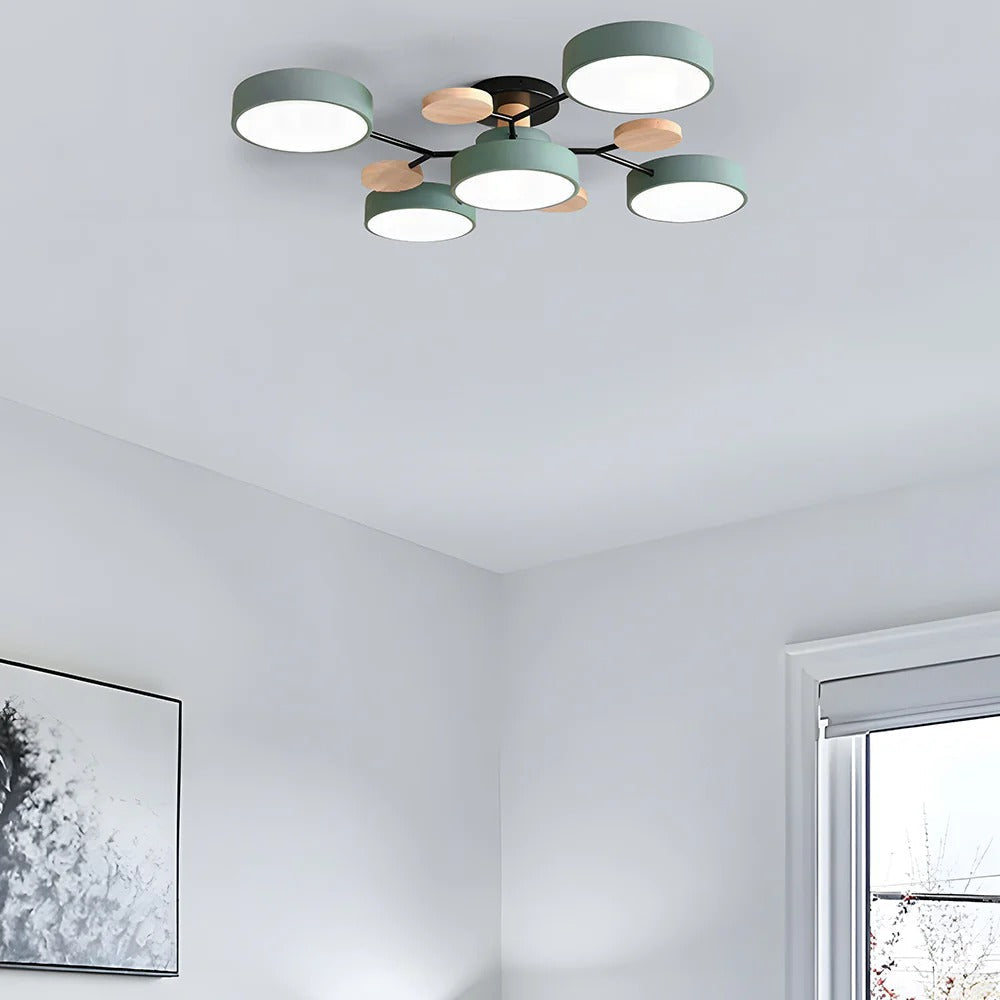 Lampa Sufitowa Skandynawska z Okrągłymi Kloszami i Drewnianymi Detalami - 6