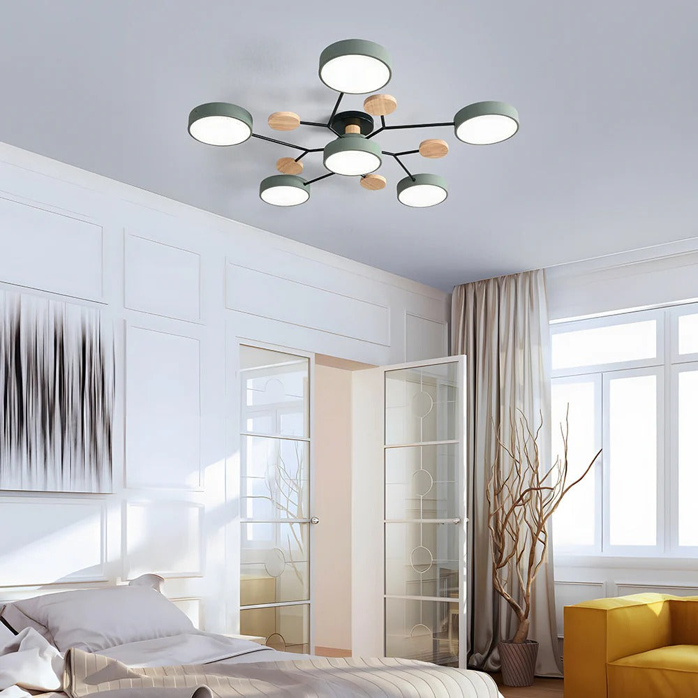 Lampa Sufitowa Skandynawska z Okrągłymi Kloszami i Drewnianymi Detalami - 7