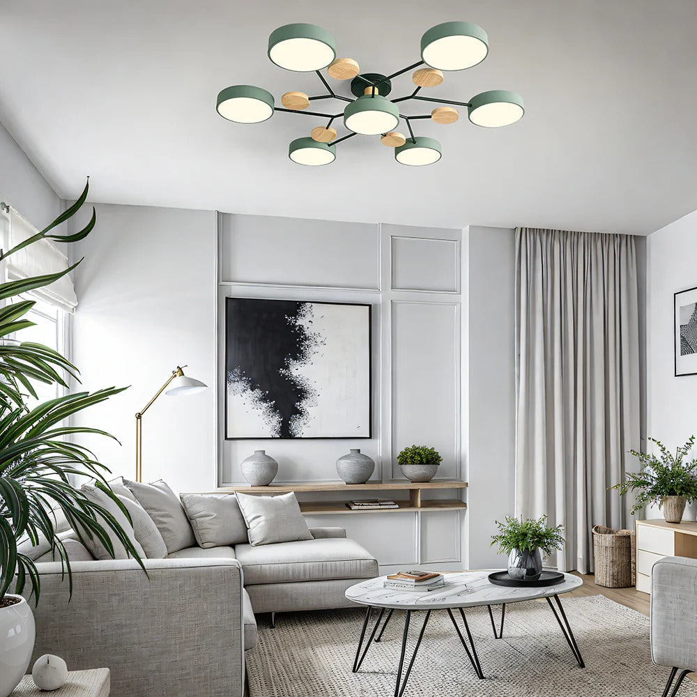 Lampa Sufitowa Skandynawska z Okrągłymi Kloszami i Drewnianymi Detalami - 8