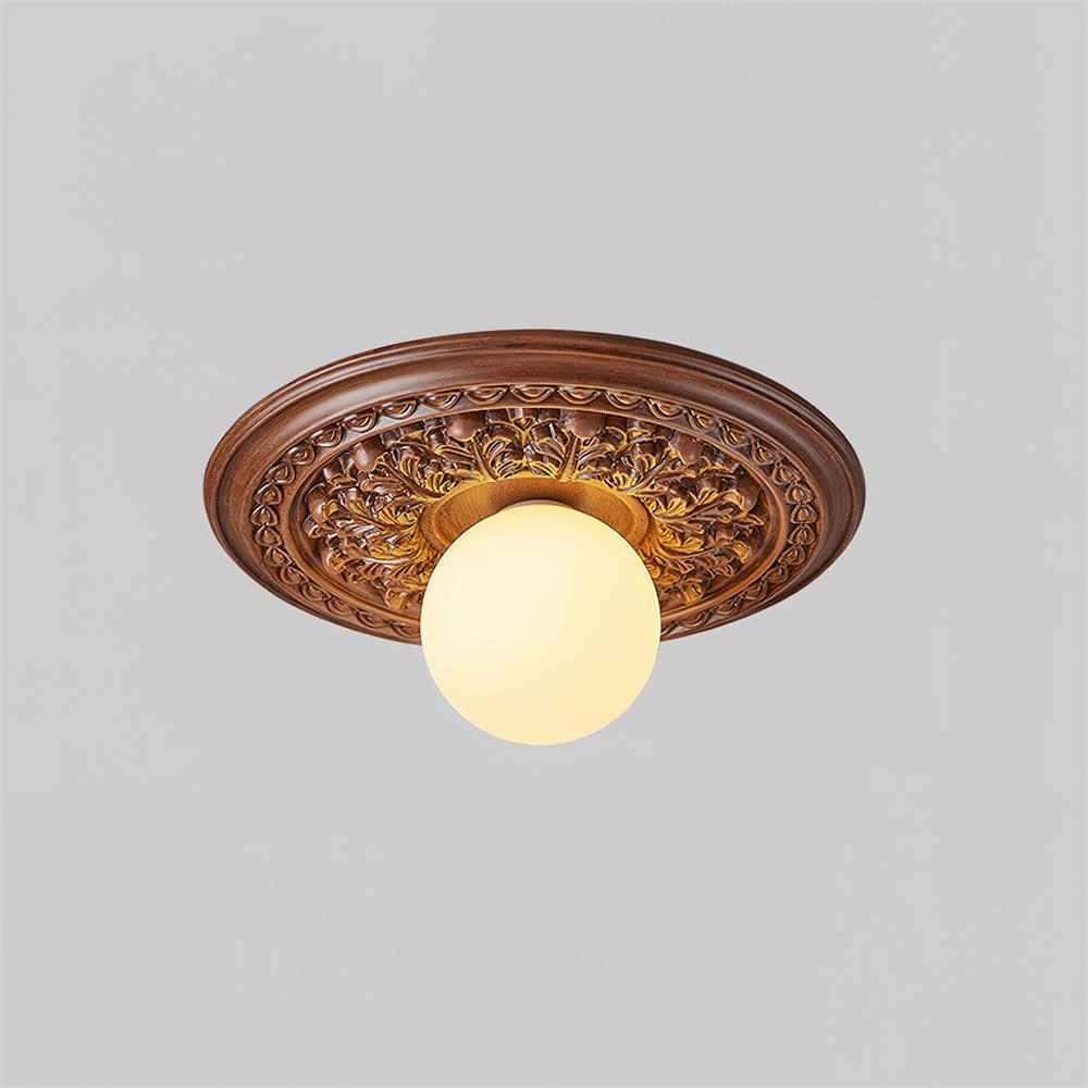 Lampa Sufitowa Vintage z Rzeźbioną Rozetą i Kloszem Kula - 5